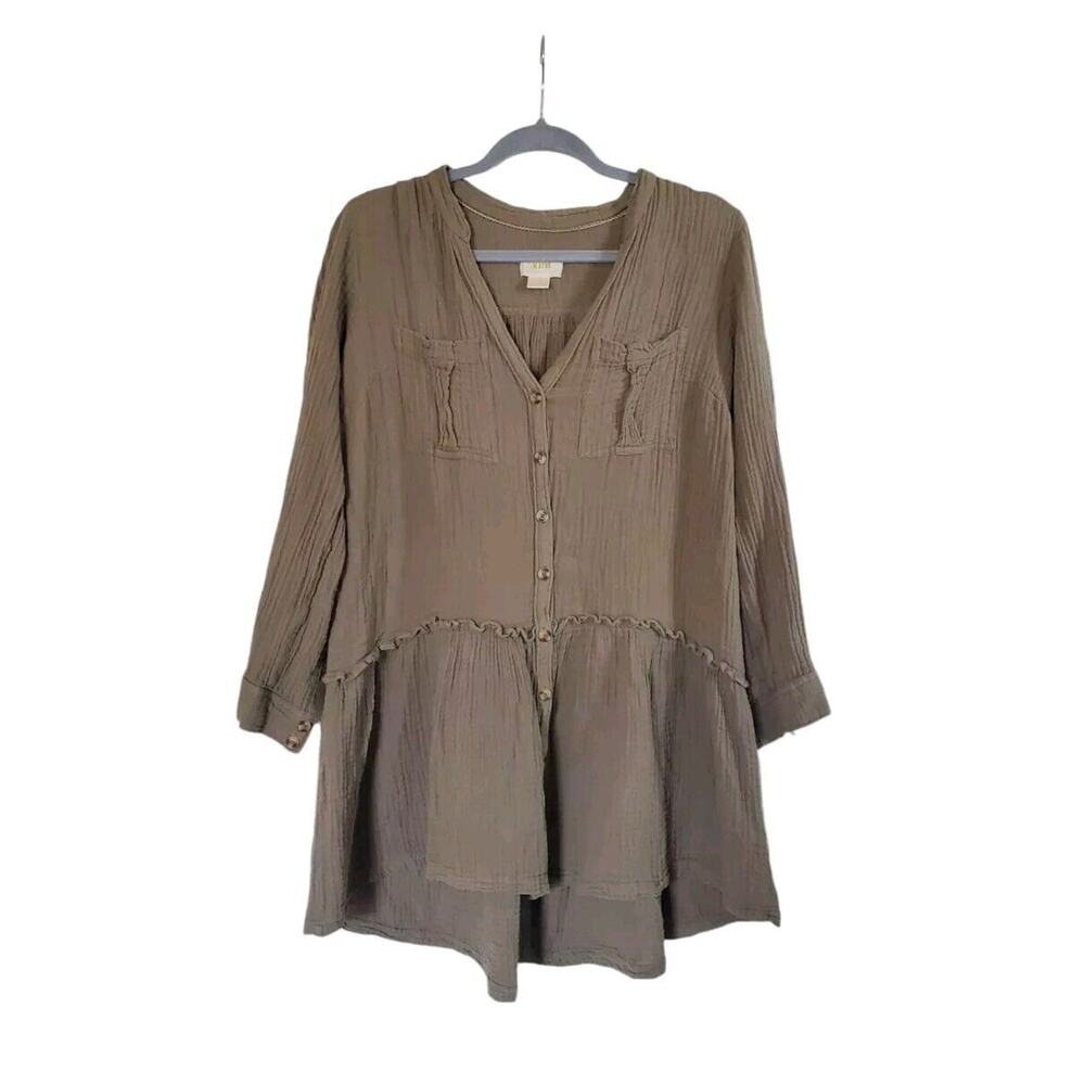 Maeve Anthropologie Green Textured Cotton Tiered V-Neck Peasant Blouse, Size 12P